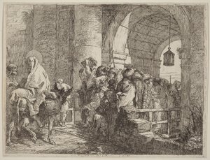 Den hellige familie ankommer til en byport av Giovanni Domenico Tiepolo