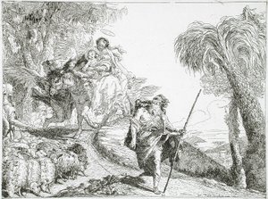 Den hellige familie som går ned en skogsti, nær en flokk og noen gjetere av Giovanni Domenico Tiepolo