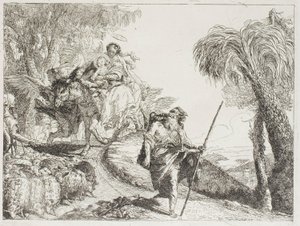 Den hellige familie på vei nedover en skogssti, nær en flokk og noen hyrder, plate 21 fra The Flight into Egypt av Giovanni Domenico Tiepolo