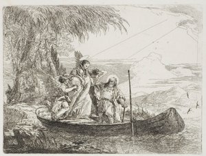 Den hellige familie går inn i båten med englenes hjelp, plate seksten fra The Flight into Egypt av Giovanni Domenico Tiepolo