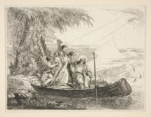Den hellige familie går om bord i en båt, fra serien Idee pittoresche sopra la fuga in Egitto (Flukten til Egypt) av Giovanni Domenico Tiepolo