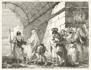 Den hellige familie går under en bybue av Giovanni Domenico Tiepolo
