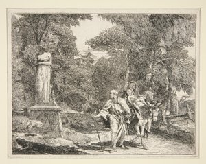 The Holy Family Passing Near a Statue, fra serien Idee pittoresche sopra la fuga in Egitto (Flight into Egypt) av Giovanni Domenico Tiepolo