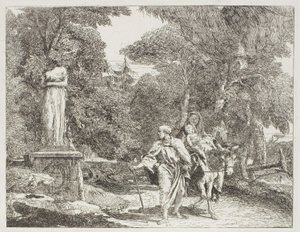Den hellige familie passerer en statue, hvis hode faller til bakken, plate 22 fra The Flight into Egypt av Giovanni Domenico Tiepolo