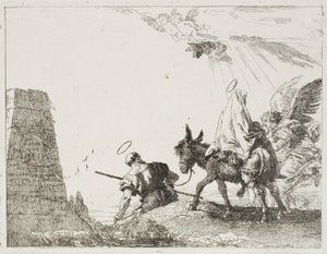 Den hellige familie går forbi en pyramide, tallerken tjue fra The Flight into Egypt av Giovanni Domenico Tiepolo