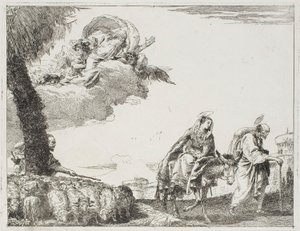 Den hellige familie går langs en bymur. Til venstre, en hyrde med flokken sin og Gud Faderen, plate åtte fra Flukten til Egypt av Giovanni Domenico Tiepolo