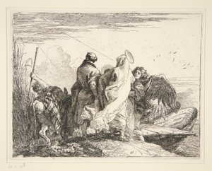 The Holy Family by a River, fra serien Idee pittoresche sulla fuga in Egitto (Flight into Egypt) av Giovanni Domenico Tiepolo