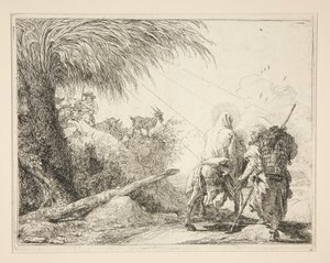 Jomfruen, montert på eselet og sett fra baksiden, fra serien Idee pittoresche sopra la fuga in Egitto (Flight into Egypt) av Giovanni Domenico Tiepolo