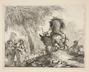 Jomfruen og barnet med Josef, fra serien Idee pittoresche sopra la fuga in Egitto (Flight into Egypt) av Giovanni Domenico Tiepolo