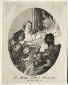 Tre kvinner presenterer gaver av Marc Anthony til Cleopatra. av Giovanni Domenico Tiepolo