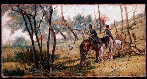 To soldater som rir under trærne (Two horse-legers) - Maleri av Giovanni Fattori