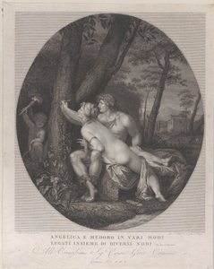 Angelica ligger over fanget til Medoro og skriver navnene deres på en trestamme, 1784-1836. av Giovanni Folo