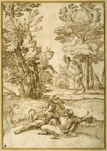 Et landskap med to gjetergutter som hviler, mens en satyr og en geit danser (penn og blekk på papir) av Giovanni Francesco Grimaldi