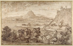 Landskap med en åsby og et mer fjerntliggende fjell (penn og brunt blekk med brun vask på hvitt papir) av Giovanni Francesco Grimaldi