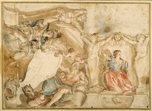 Allegorisk dekorasjon for det ene hjørnet av et bukttak (penn og blekk med vask, akvarell og gouache over kritt på papir) av Giovanni Francesco Romanelli