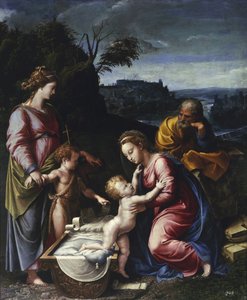 Den hellige familie med den unge døperen Johannes og Saint Catherine par Penni, Gianfrancesco (1496-1528). Olje på tre, størrelse: 115,5x95, ca. 1525, Muzeum Narodowe, Warszawa