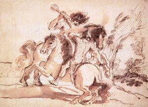 Two Horsemen Fighting (penn og blekk og vask på papir)