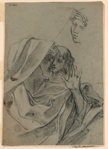 Tegnestudier med kvinneansikt og mann tilbakelent, og høyre hånd med underarm av Giovanni Francesco Barbieri