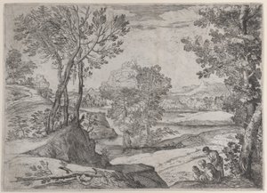 En familie sittende ved en elv, 1643. av Giovanni Francesco Grimaldi