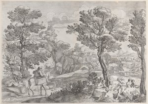 En gruppe mennesker som spiller kort til høyre og en mann på hesteryggen til venstre, 1626-80.