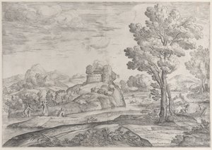 Et hus på toppen av en rund stein i midten, mennesker i elven og i kanoer, 1626-80. av Giovanni Francesco Grimaldi
