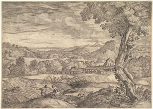 Landskap med teglfabrikk i mellomgrunnen, en stående mann i forgrunnen p..., 1626-80.