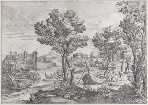 Landskap med en mann som holder en slange til et livredd barn, overvåket av en moteriktig dre..., 1626-80. av Giovanni Francesco Grimaldi