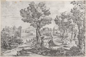 Landskap med en mann som holder en slange til et livredd barn, overvåket av en moteriktig dre..., 1626-80. av Giovanni Francesco Grimaldi