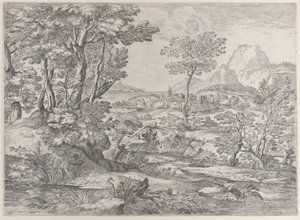 Tre gutter i et landskap med en by i bakgrunnen, 1626-80. av Giovanni Francesco Grimaldi