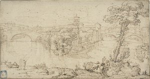 Utsikt over Isola Tiberina av Giovanni Francesco Grimaldi
