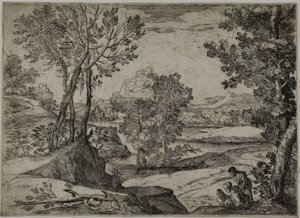 Kvinne, hennes barn og en stående mann i et landskap av Giovanni Francesco Grimaldi