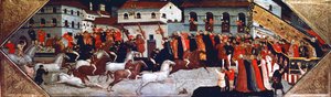 Palio hesteveddeløp i gatene i Firenze, maleri av Giovanni di Francesco Toscani (ca 1370-1430), detalj av panelet fra cassone (kiste), Italia