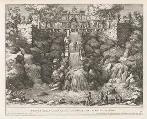 Cascade in de tuinen van de Villa d'Este te Tivoli Utsikt over fossen under orgelet i hagenivået (tittel på objekt) Fontenene i Estense-hagen i Tivoli (serietittel) Fonteinen in de tuinen van Villa d'Este te Tivoli (serietittel)