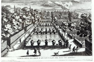 Fiskedammene ved Villa dEste, Tivoli, fra Le Fontane av Giovanni Battista Falda (ca. 1648-1787), utgitt av 1689 av Giovanni Francesco Venturini