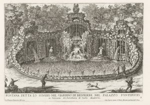 Drakens fontene i de Vaticaanse tuinen Fontene kalt klippen i Belvedere-hagen i pavepalasset (...) (tittel på objekt) Fontenene i palassene og hagene i Roma (serietittel) Fonteinen in de paleizen en tuinen van Rome (serie av Giovanni Francesco Venturini