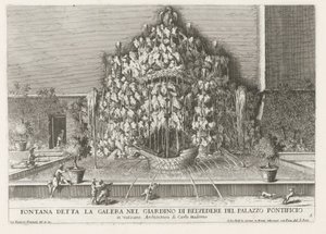 Fountain of the Galera i de Vaticaanse tuinen Fontene kalt byssa i Belvedere-hagen til pavepalasset (...) (tittel på objekt) Fontenene i palassene og hagene i Roma (serietittel) Fonteinen in de paleizen en tuinen van Rome (serie av Giovanni Francesco Venturini