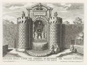 Fontein in de Vaticaanse tuinen Tårnfontene i Belvedere-hagen i pavepalasset (...) (tittel på objekt) Fontenene i palassene og hagene i Roma (serietittel) Fonteinen in de paleizen en tuinen van Rome (serietittel) av Giovanni Francesco Venturini
