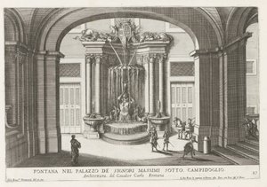 Fontein på plass på Palazzo Massimo di Rignano te Roma Fontene i Palazzo de Signori Massimi under Campidoglio (tittel på objekt) Fontenene i palassene og hagene i Roma (serietittel) Fonteinen in de paleizen en tuinen van Roma (seriøs av Giovanni Francesco Venturini