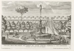 Fontein in the gardenen av Villa Doria Pamphilj te Roma Fontene kjent som dronningen i hagen til prins Pamphilio i San Pancratio (tittel på objekt) Fontenene i palassene og hagene i Roma (serietittel) Fonteinen in de paleizen en tuinen v av Giovanni Francesco Venturini