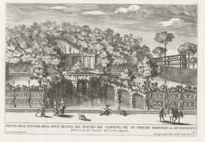 Fontein in the gardenen av Villa Doria Pamphilj te Roma Utsikt over fontenene på høyre side av hageteateret (...) (tittel på objekt) Fontenene i palassene og hagene i Roma (serietittel) Fonteinen in de paleizen en tuinen van Rome (serie av Giovanni Francesco Venturini