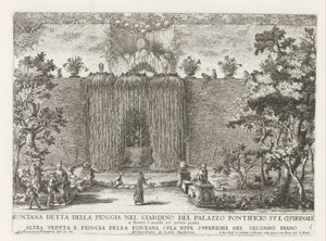 Fontein in the gardenen fra Quirinal Palace i Roma Fontene kjent som regnet i hagen til pavepalasset på Quirinale (...) (tittel på objekt) Fontenene i palassene og hagene i Roma (serietittel) Fonteinen in de paleizen en tuine av Giovanni Francesco Venturini