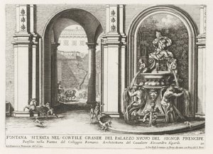 Fontein in een binnenplaats van het Palazzo Doria Pamphilj te Rome Fontana situata nel cortile grande del Palazzo Nuovo del signor prencipe (...) (title on object) Le fontane ne palazzi e ne giardini di Roma (series title) Fonteinen in de paleizen en tu    av Giovanni Francesco Venturini
