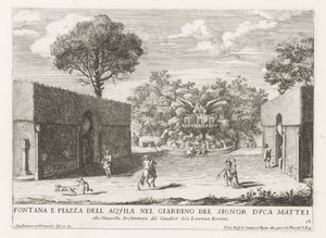 Fontein møtte adelaar i de tuinen av Villa Celimontana i Roma Fontene og piazza del aquila i hagen til Mr. Duke Mattei (...) (tittel på objekt) Fontenene i palassene og hagene i Roma (serietittel) Fonteinen in de paleizen and gardenen van R av Giovanni Francesco Venturini
