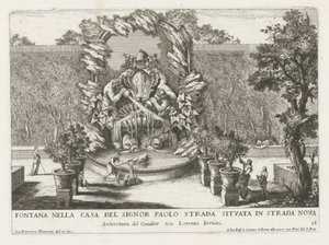 Fontene med pavelig våpenskjold, to tritoner og delfiner Fontana nella casa del signor Paolo strada situata in strada nova (tittel på objekt) Le fontane ne palazzi e ne giardini di Roma (serietittel) Fontener i palassene og hagene i Roma ( av Giovanni Francesco Venturini
