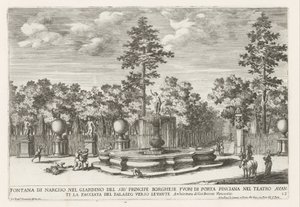 Fontein van Narcissus i Villa Borghese i Roma Narcissusfontene i hagen til Mr Principe Borghese (...) (tittel på objekt) Fontenene i palassene og hagene i Roma (serietittel) Fonteinen in de paleizen en tuinen van Rome (serietittel) av Giovanni Francesco Venturini