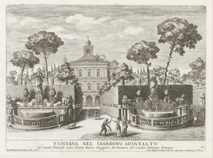 Fonteinen in the gardenen fra Villa Montalto Negroni te Roma Fontene i Montalto-hagen (...) (tittel på objekt) Fontenene i palassene og hagene i Roma (serietittel) Fonteinen in de paleizen en tuinen van Rome (serietittel) av Giovanni Francesco Venturini