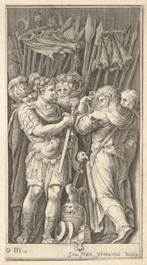 Soldater, en vist frontalt og holder et sverd, til høyre en soldat med ba..., ca. 1650-1700. av Giovanni Francesco Venturini