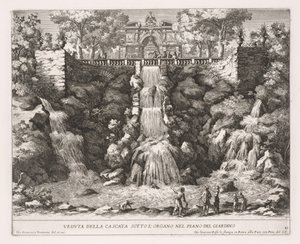 The Fountains of Rome, Bok IV, plate 21: Utsikt over kaskaden under orgelet fra hagen av Giovanni Francesco Venturini