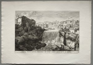 The Fountains of Rome, Bok IV, plate 27: Utsikt over hovedkaskaden av elven Aniene i Tivoli. av Giovanni Francesco Venturini