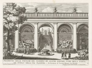 Tuin van een paleis te Roma Prospekt av fontenene i hagen til herrer Boromei (...) (tittel på objekt) Fontenene i palassene og hagene i Roma (serietittel) Fonteinen in de paleizen en tuinen van Rome (serietittel) av Giovanni Francesco Venturini